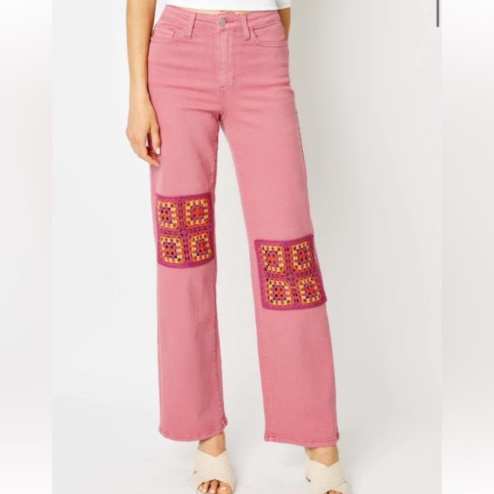 Judy Blue Wide Leg Jeans Women 15/32 Dusty Pink Dyed Crochet Patches NWT